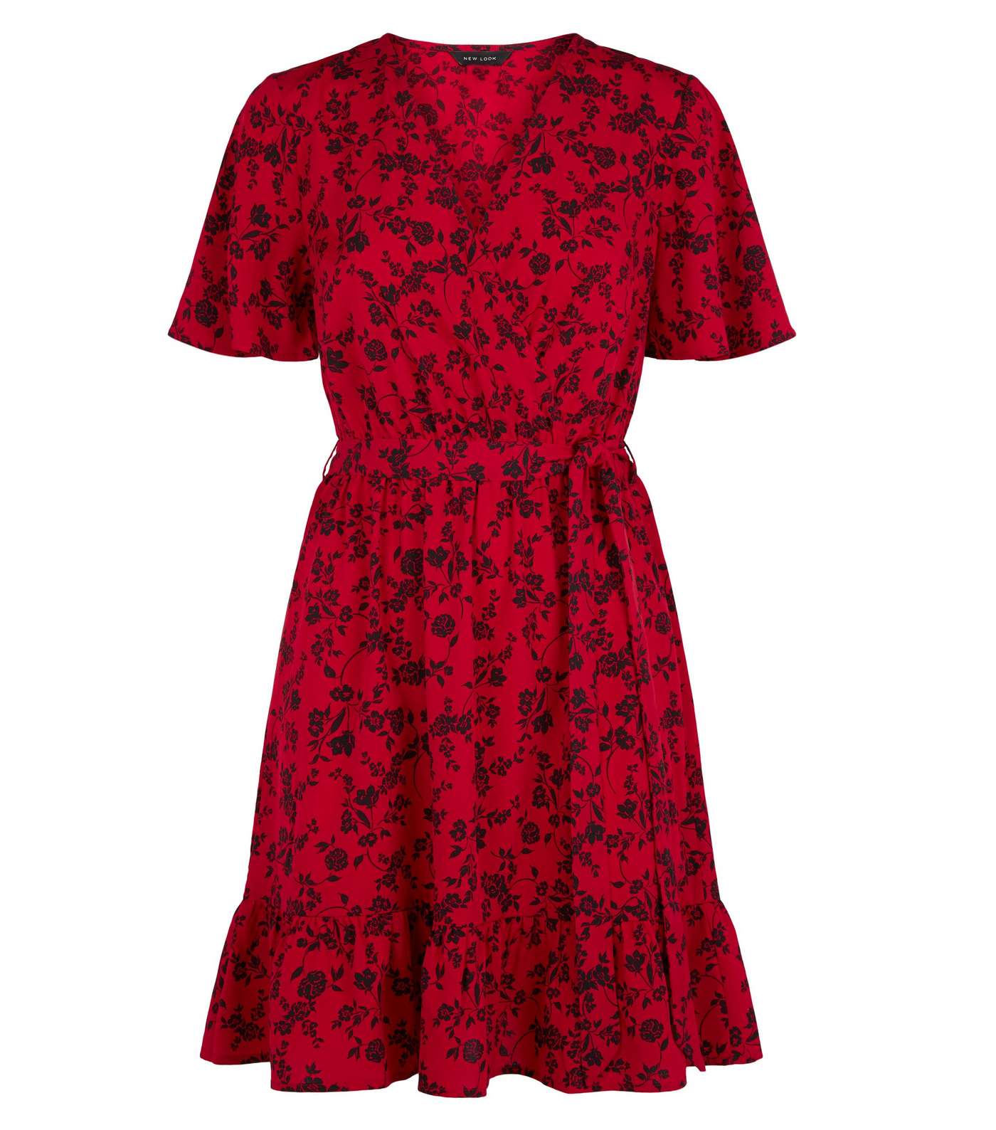 Red Floral Tie Waist Wrap Dress Image 4