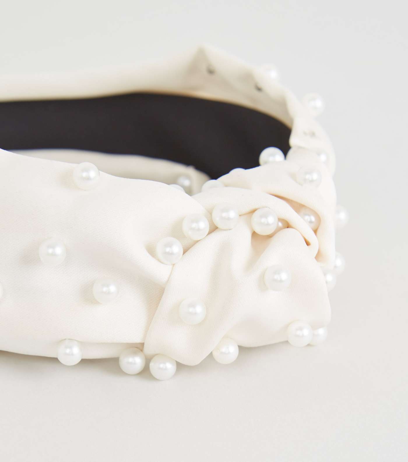 White Satin Faux Pearl Embellished Knot Headband Image 3