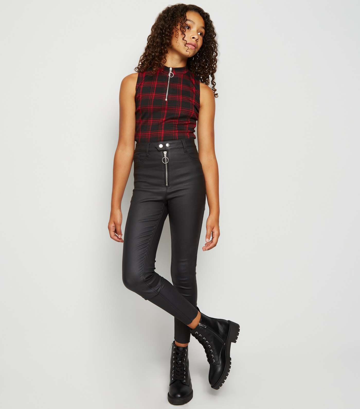 Girls Black Leather-Look High Waist Skinny Jeans