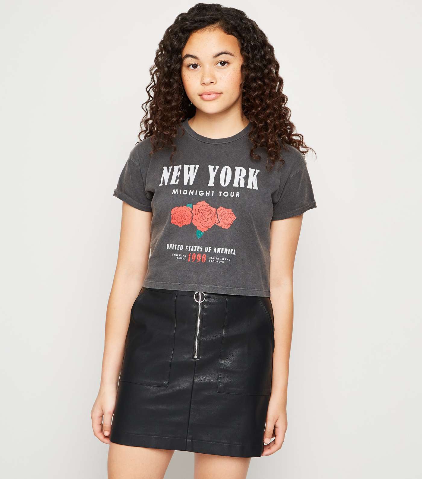 Girls Black Coated Leather-Look Zip Skirt Image 3
