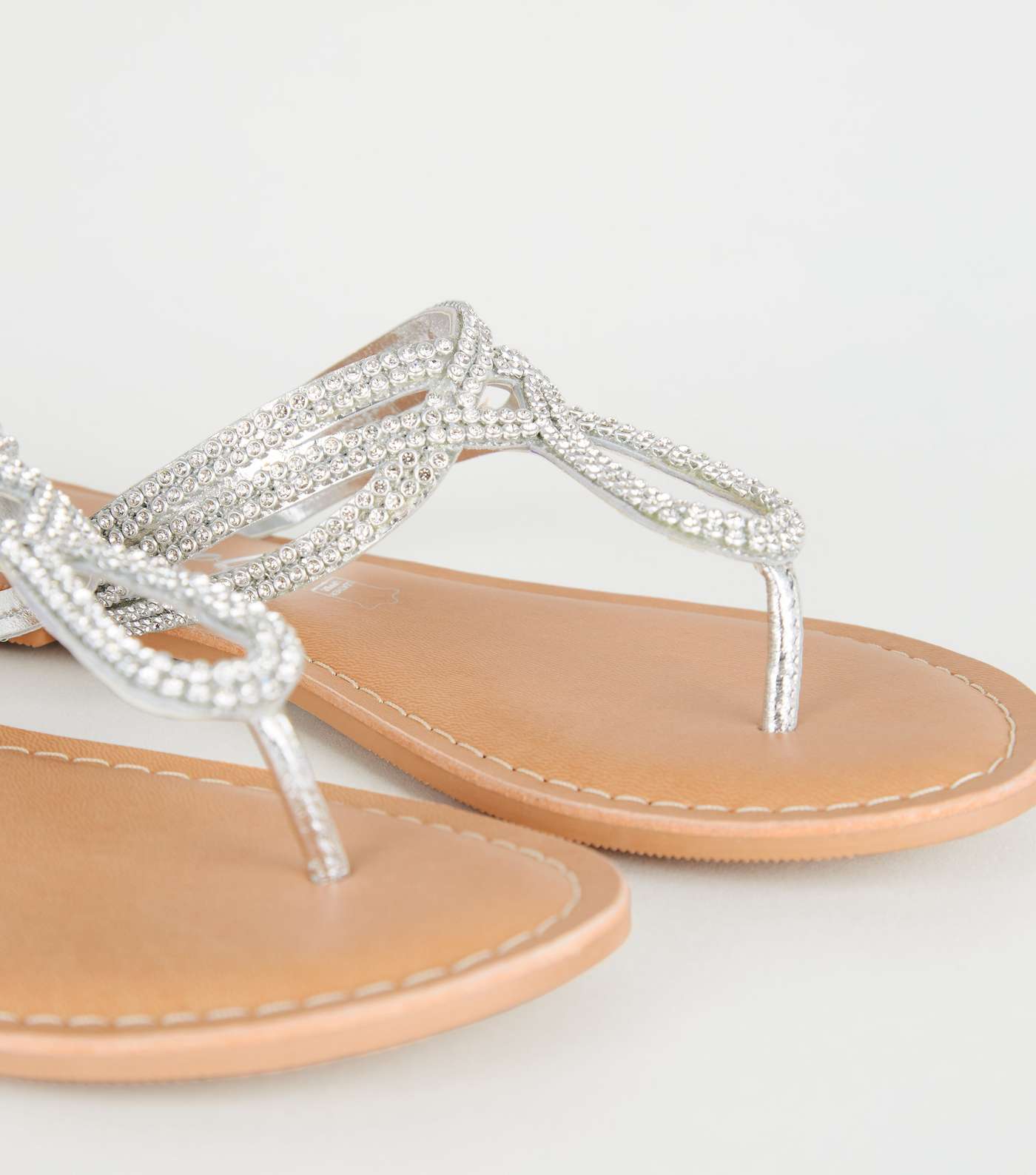 Silver Leather Diamanté Flip Flops Image 4