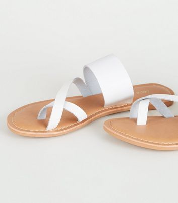 White Leather Toe Loop Strappy Sliders | New Look