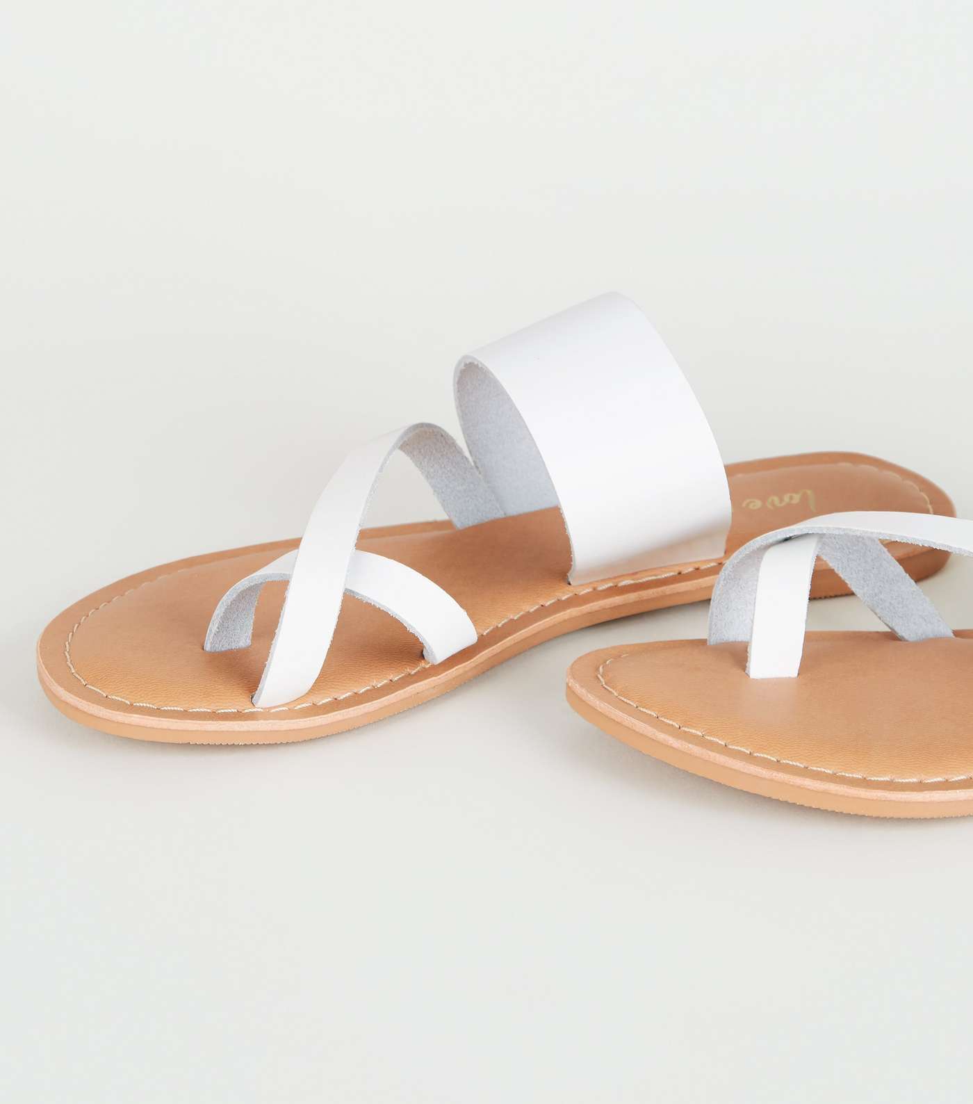 White Leather Toe Loop Strappy Sliders Image 4