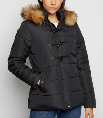 Black Faux Fur Trim Duffle Puffer Jacket | New Look