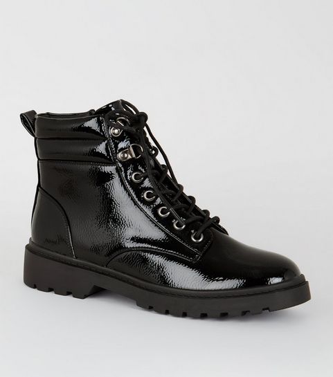 Black Patent Chunky Hiker Boots
