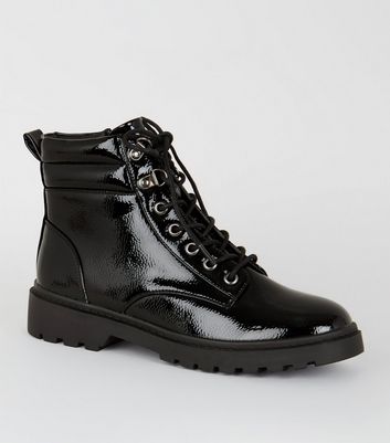 Black Patent Chunky Hiker Boots | New Look