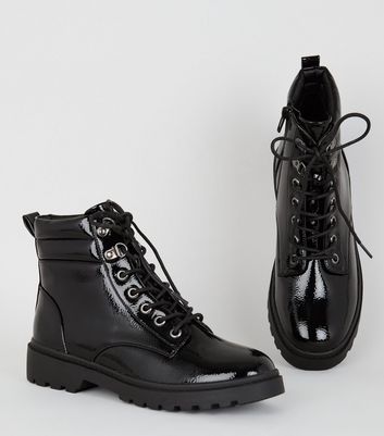 Black Patent Chunky Hiker Boots | New Look
