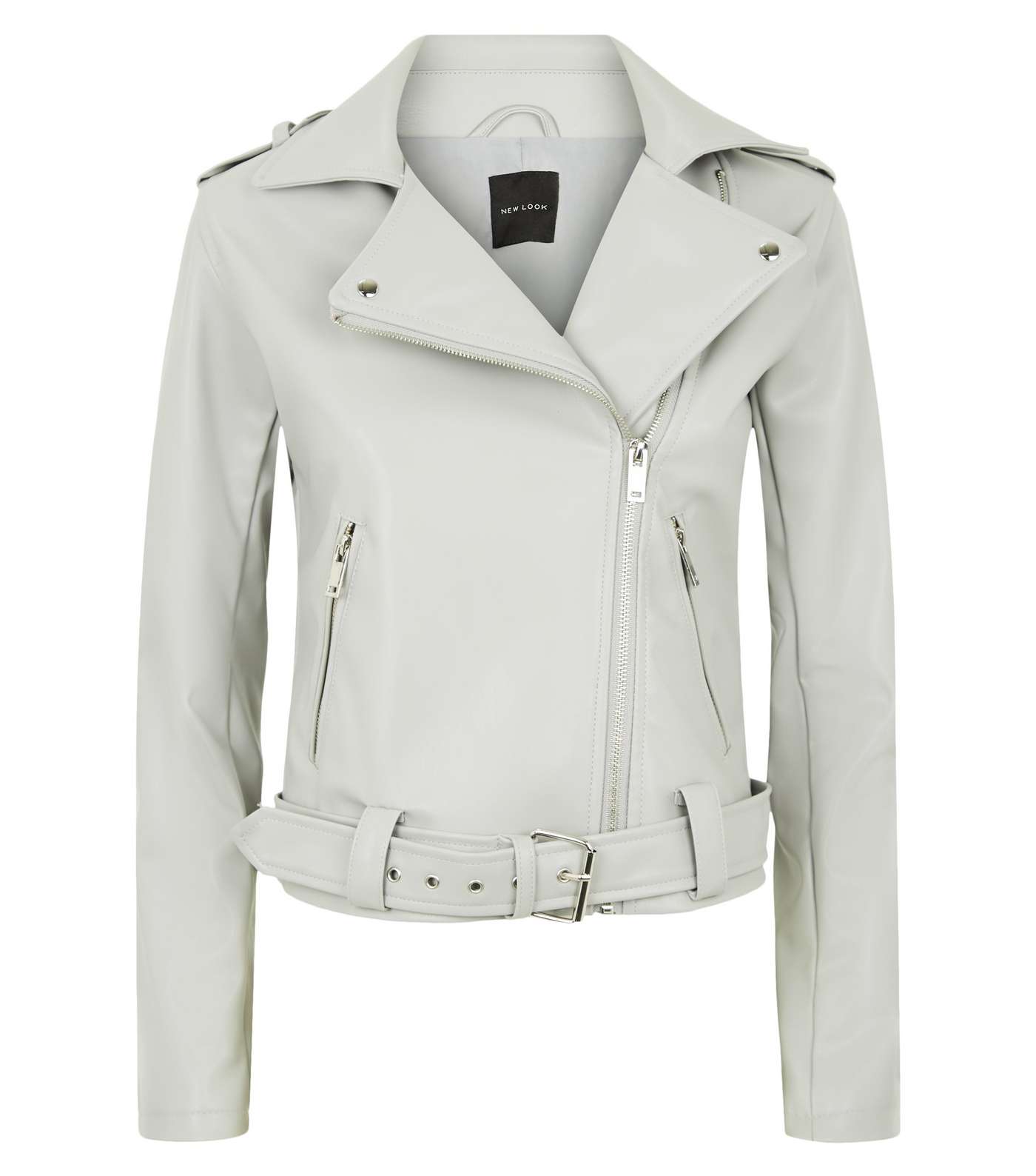Pale Grey Leather-Look Belted Biker Jacket Image 4