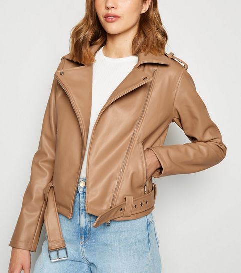 Camel Leather-Look Belted Biker Jacket