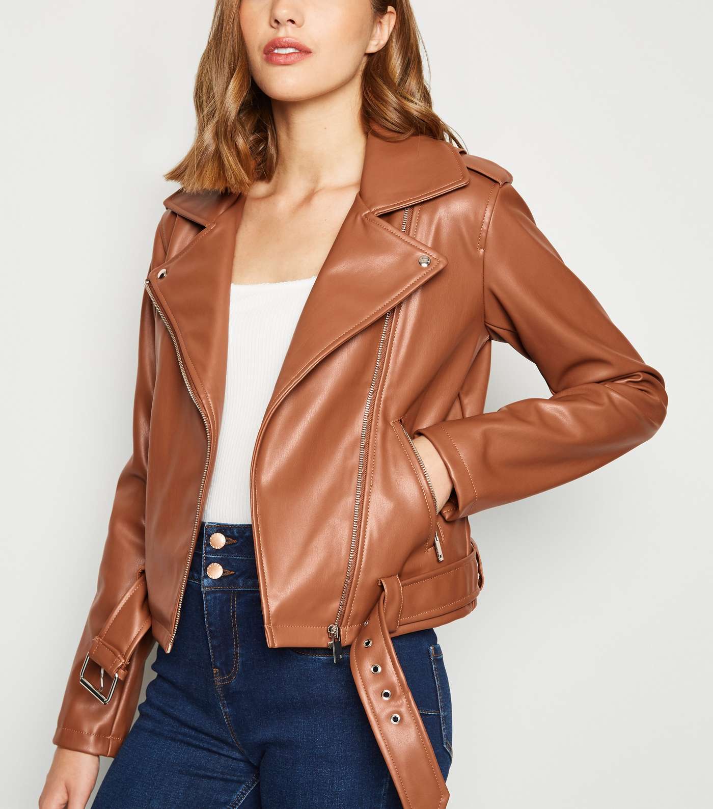 Tan Leather-Look Belted Biker Jacket