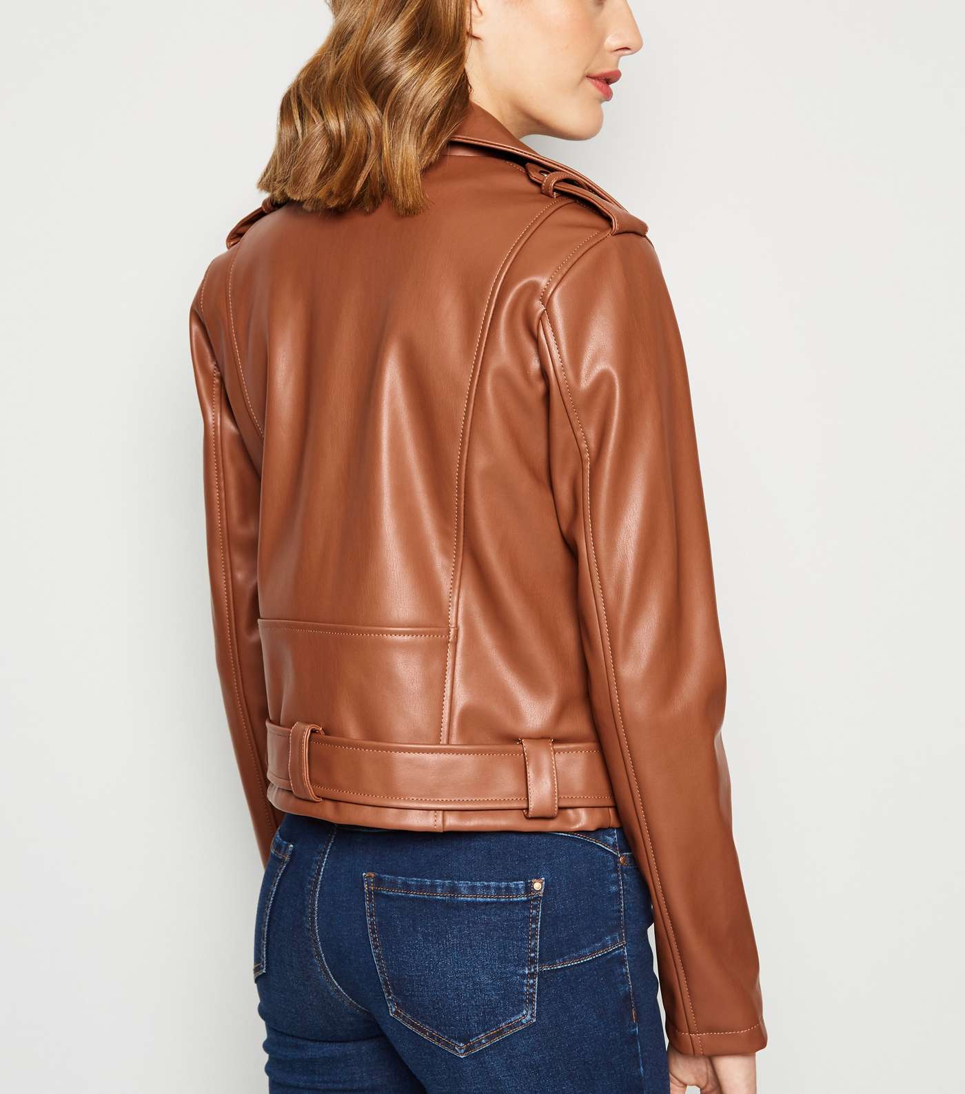 Tan Leather-Look Belted Biker Jacket Image 3