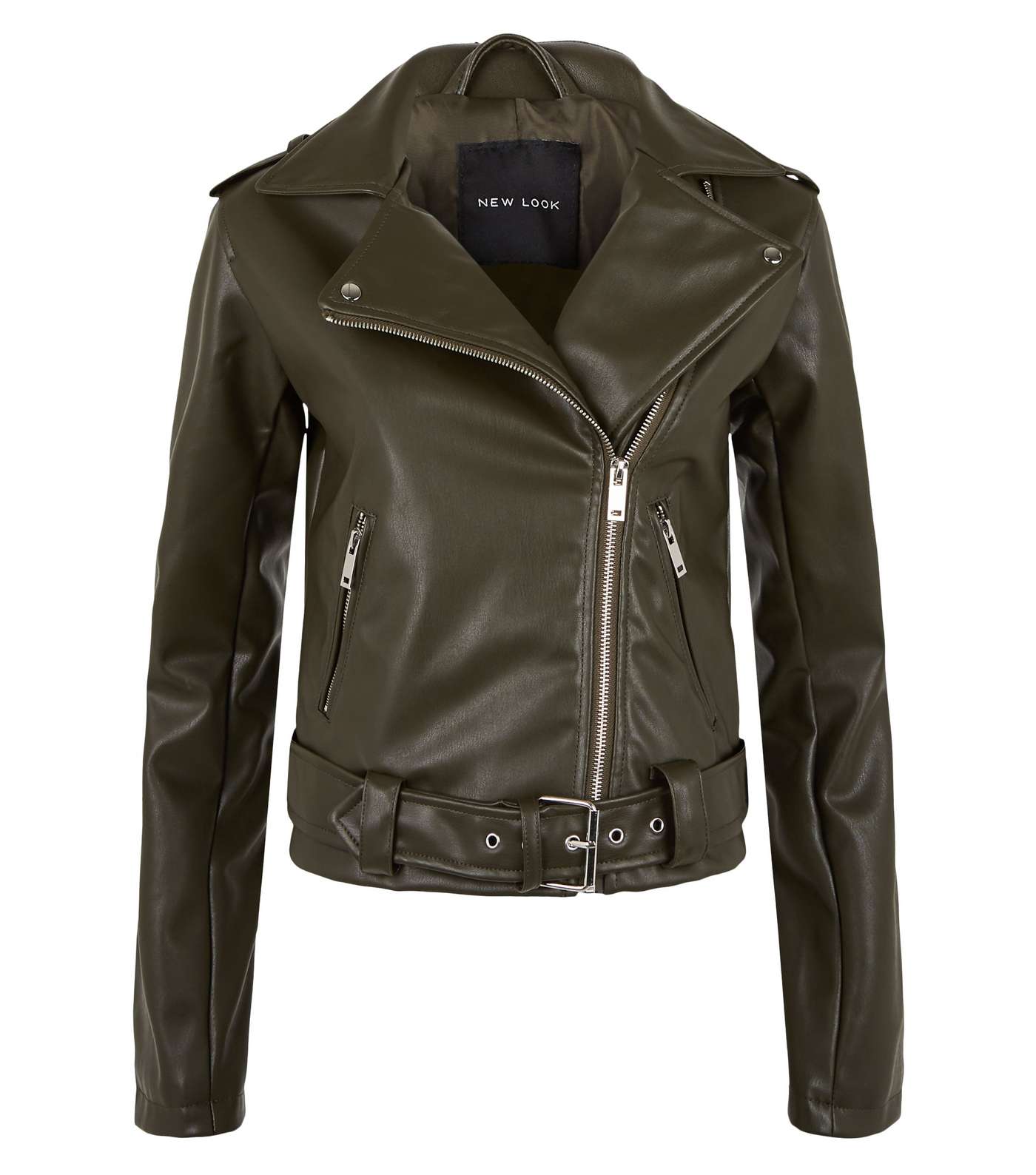 Olive Leather-Look Belted Biker Jacket Image 4