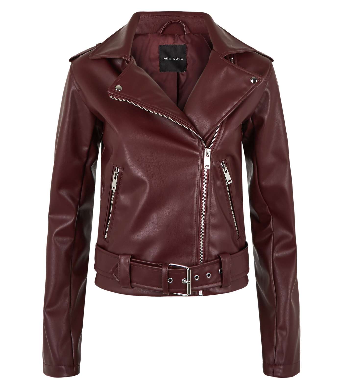 Burgundy Leather-Look Belted Biker Jacket Image 4