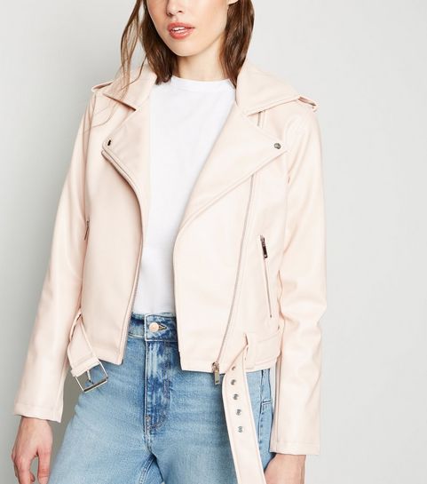Pale Pink Leather-Look Belted Biker Jacket
