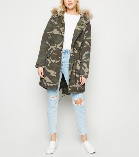 Green Camo Faux Fur Trim Hooded Parka