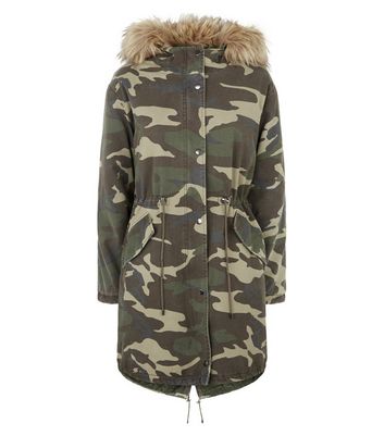 green parka with faux fur hood