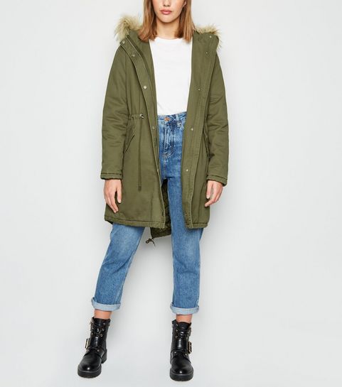 Khaki Cotton Faux Fur Trim Parka
