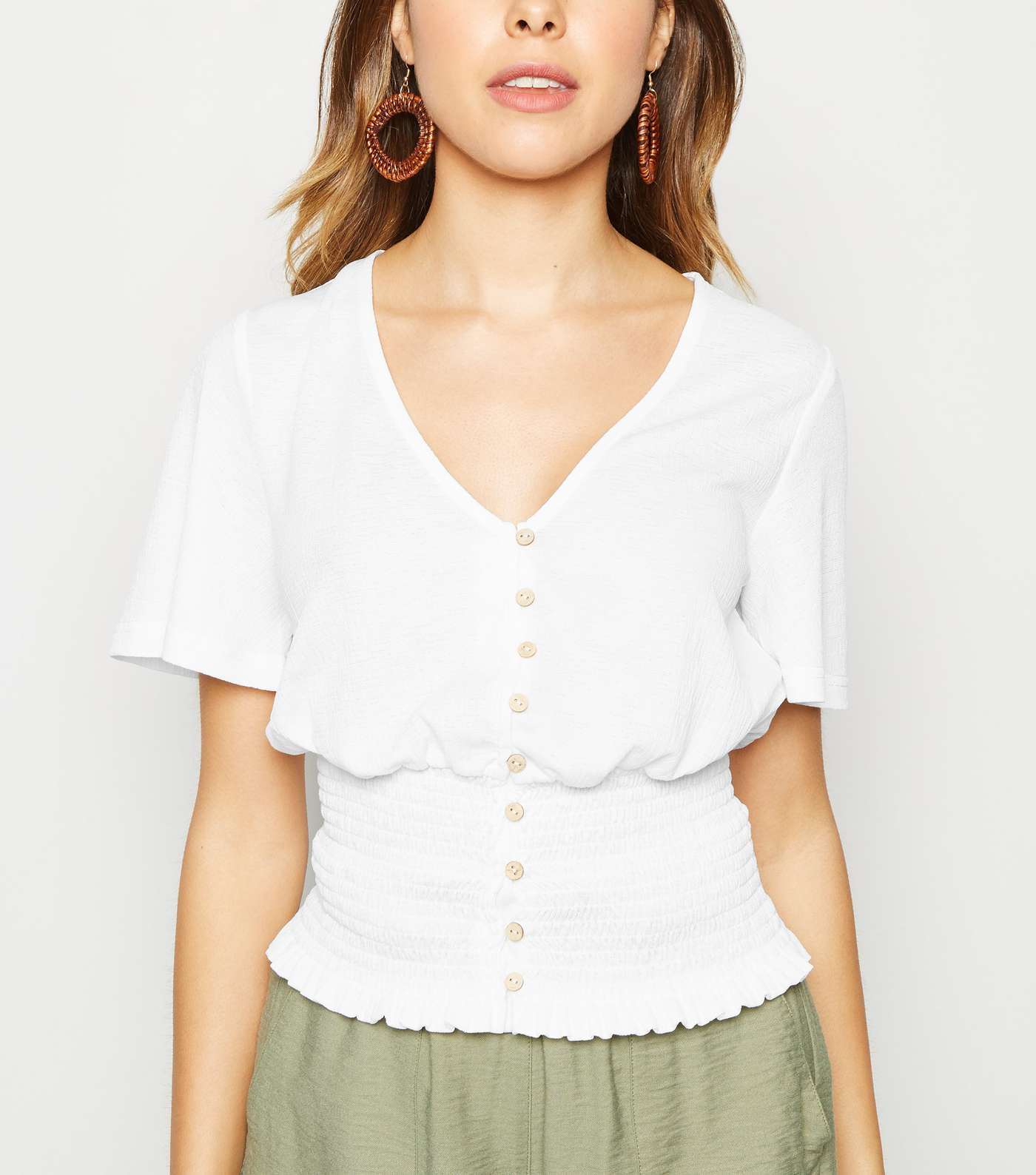 Off White Shirred Hem Button Up Blouse