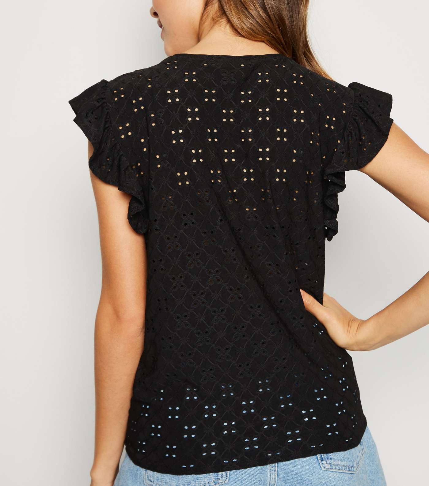 Black Broderie Frill Trim Tie Front T-Shirt Image 3