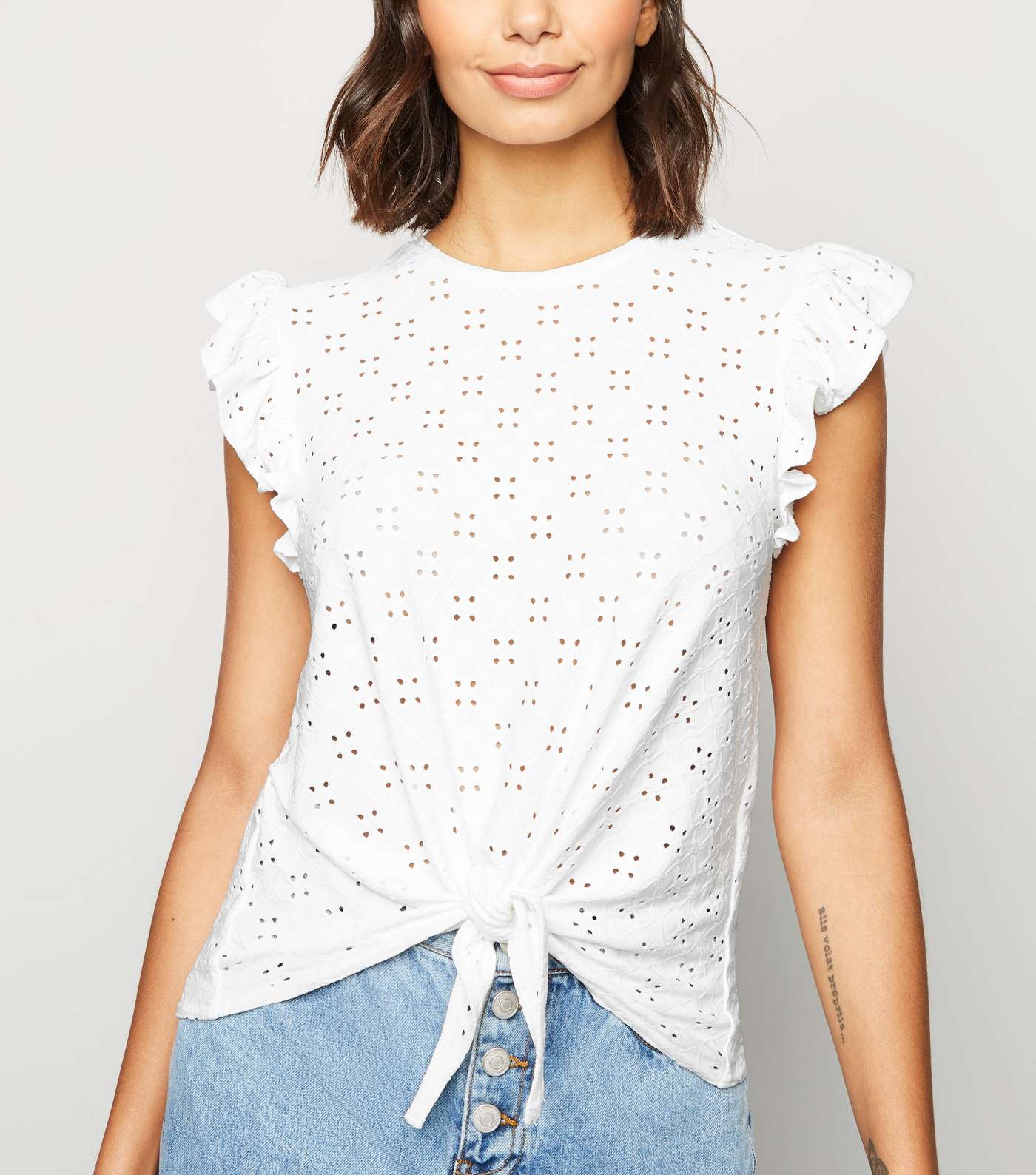 White Broderie Frill Trim Tie Front T-Shirt