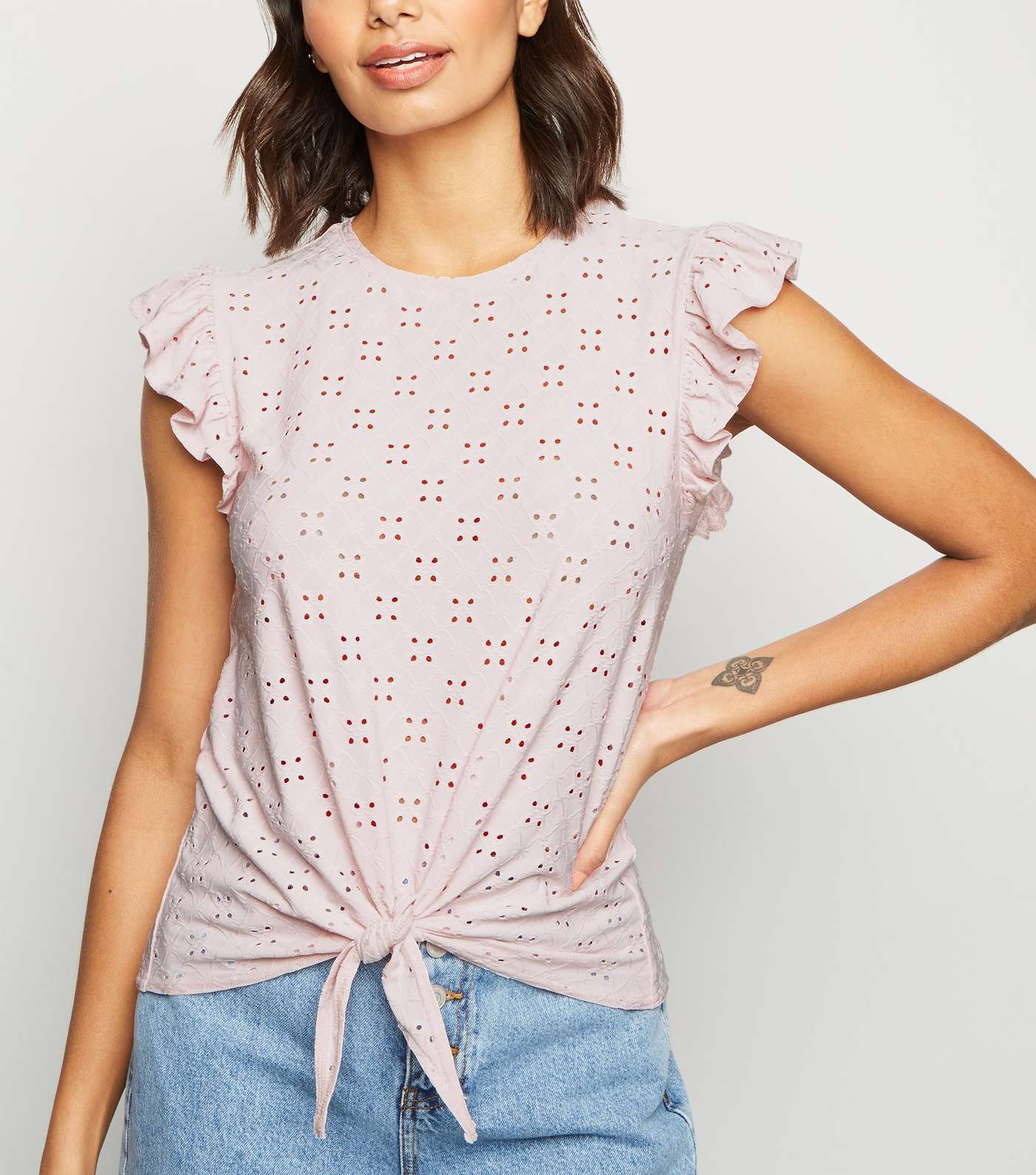 Pink Broderie Frill Trim Tie Front T-Shirt