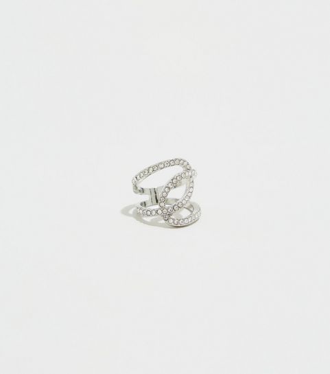 Bague croisée argentée à strass