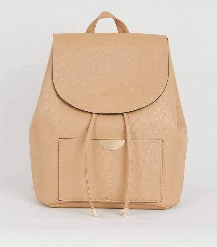 Camel Leather-Look Drawstring Backpack