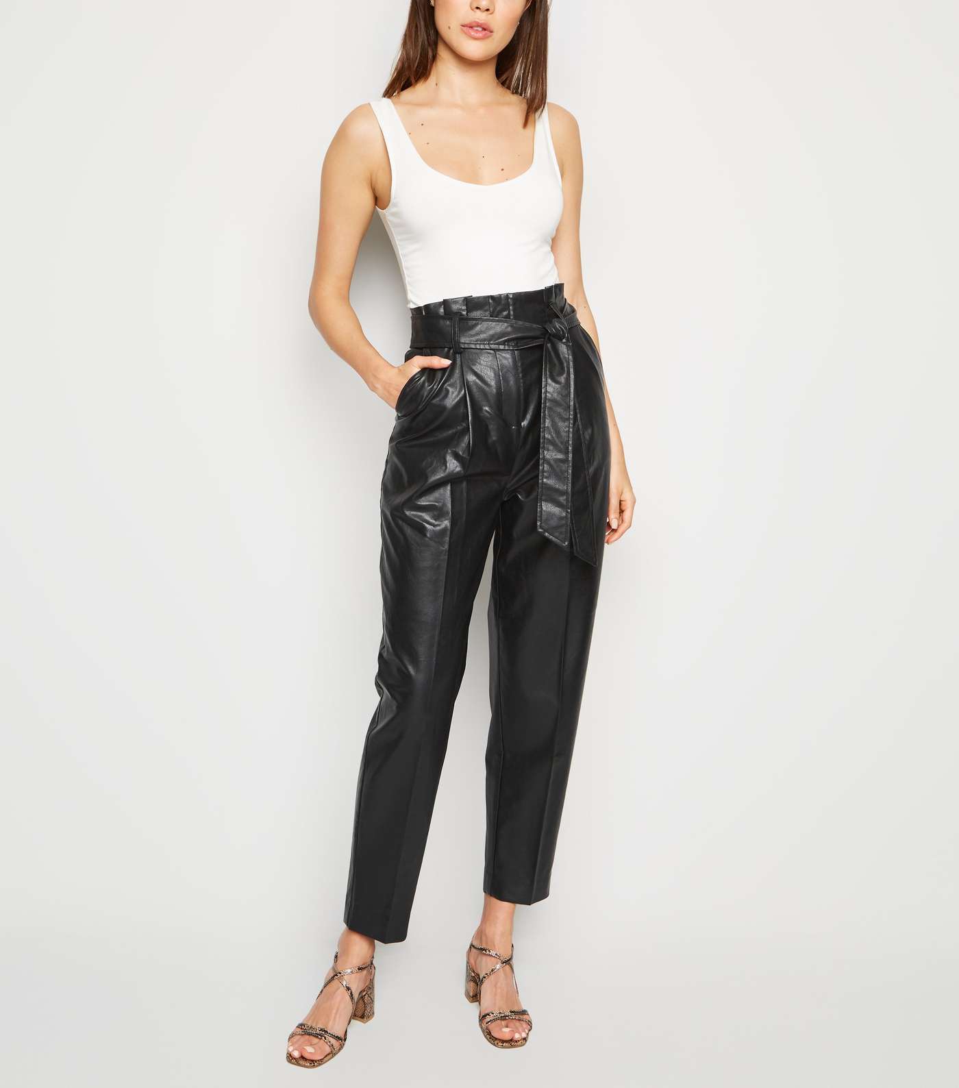 Black Leather-Look Tie High Waist Trousers