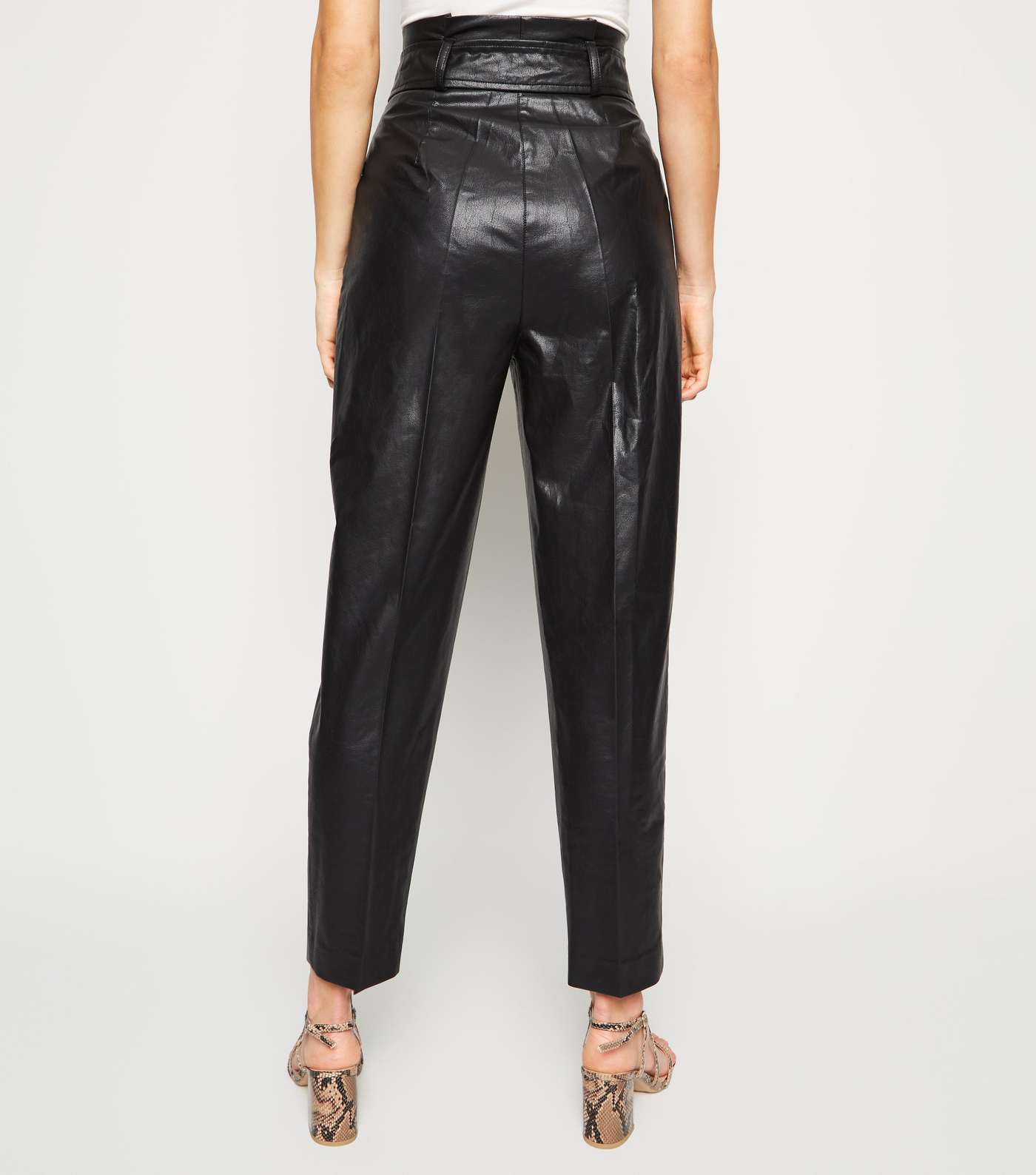 Black Leather-Look Tie High Waist Trousers Image 3