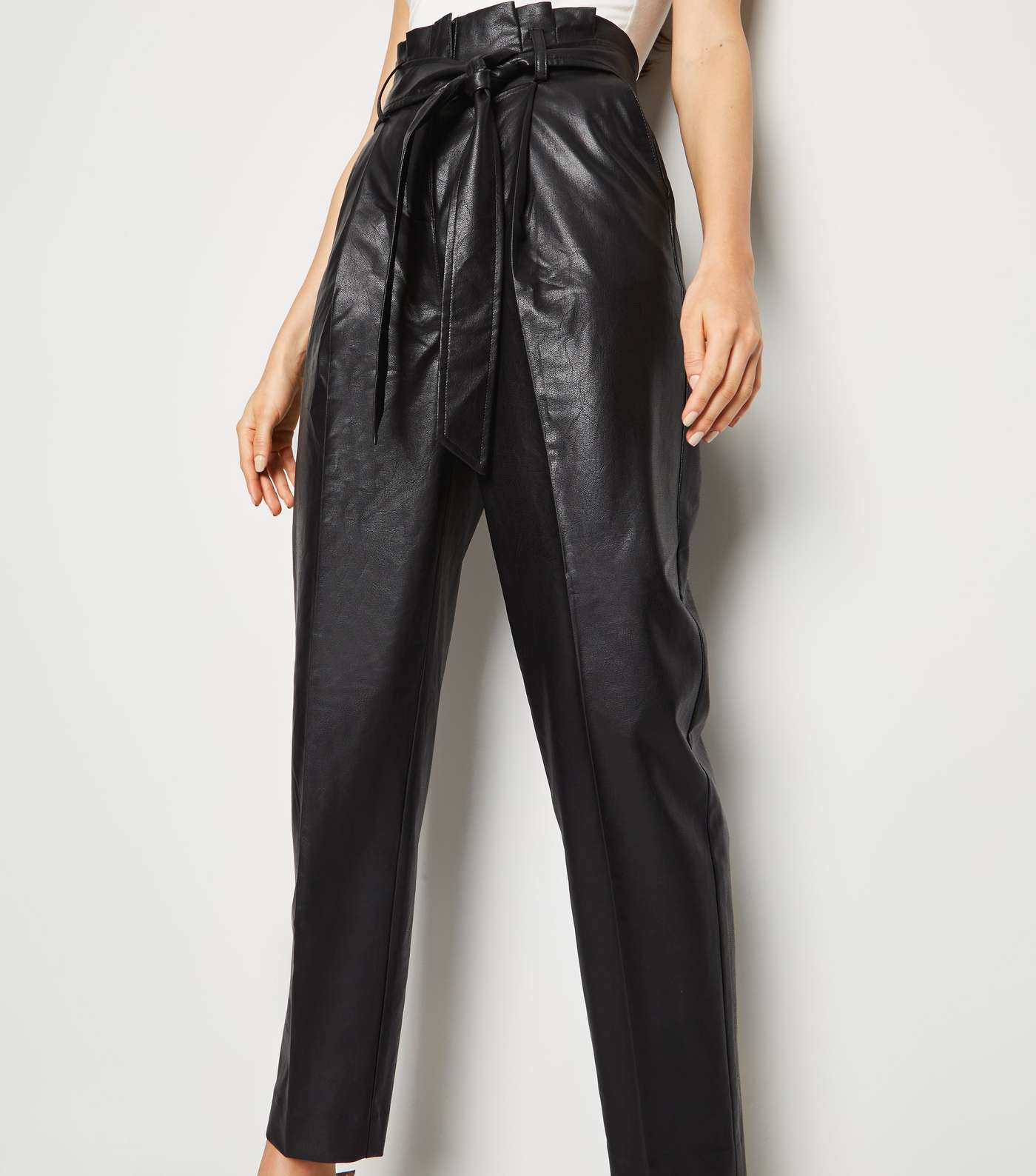 Black Leather-Look Tie High Waist Trousers Image 5