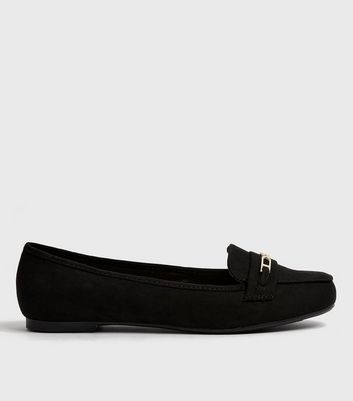 Wide Fit Black Geometric Bar Loafers 