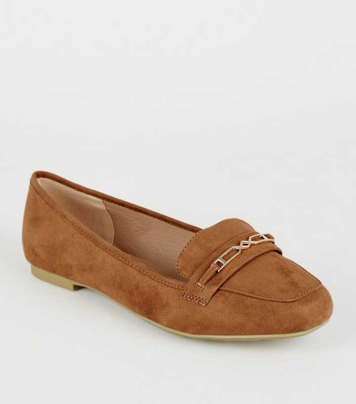 Wide Fit Tan Geometric Bar Loafers