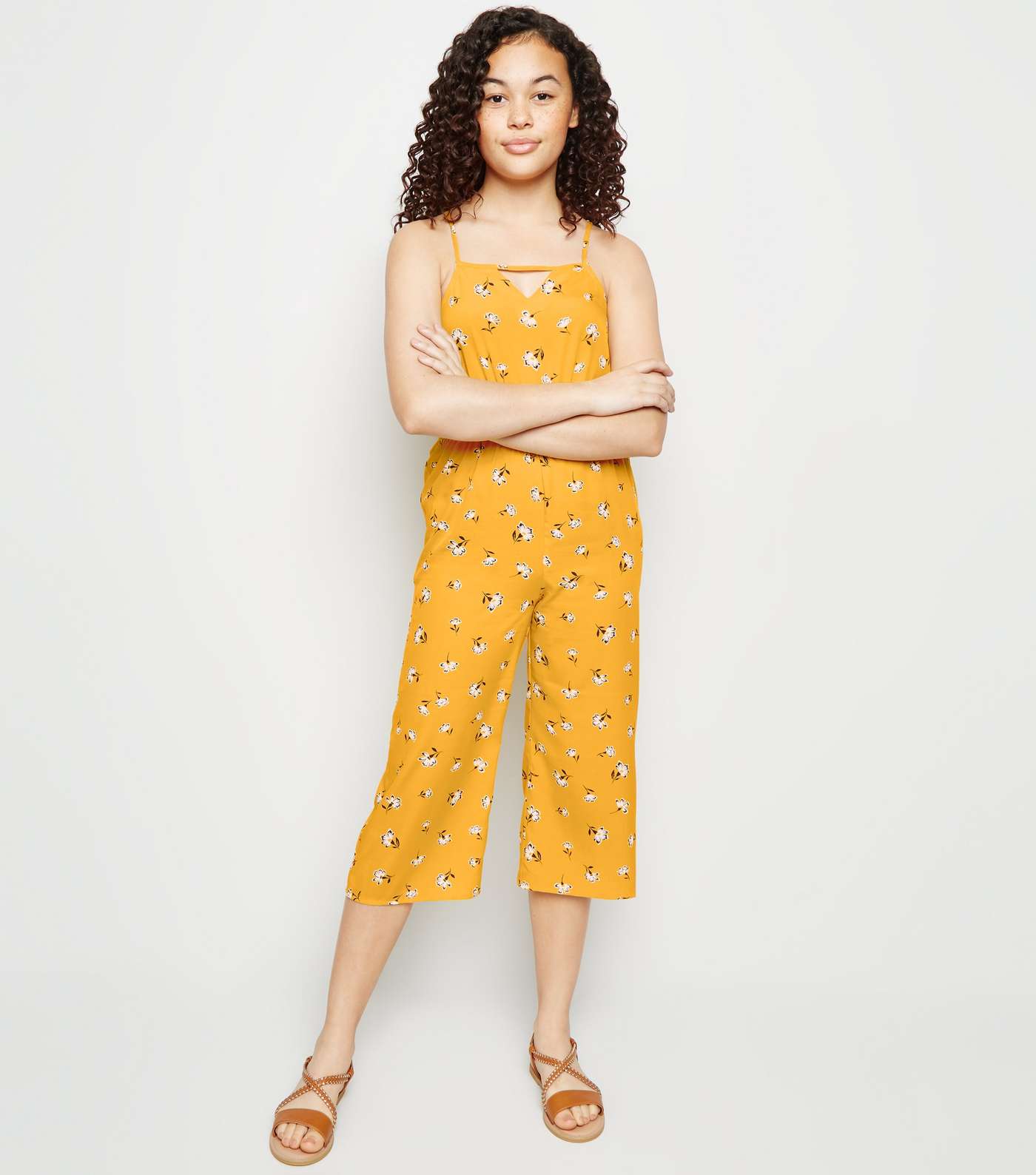 Girls Yellow Floral Keyhole Jumpsuit