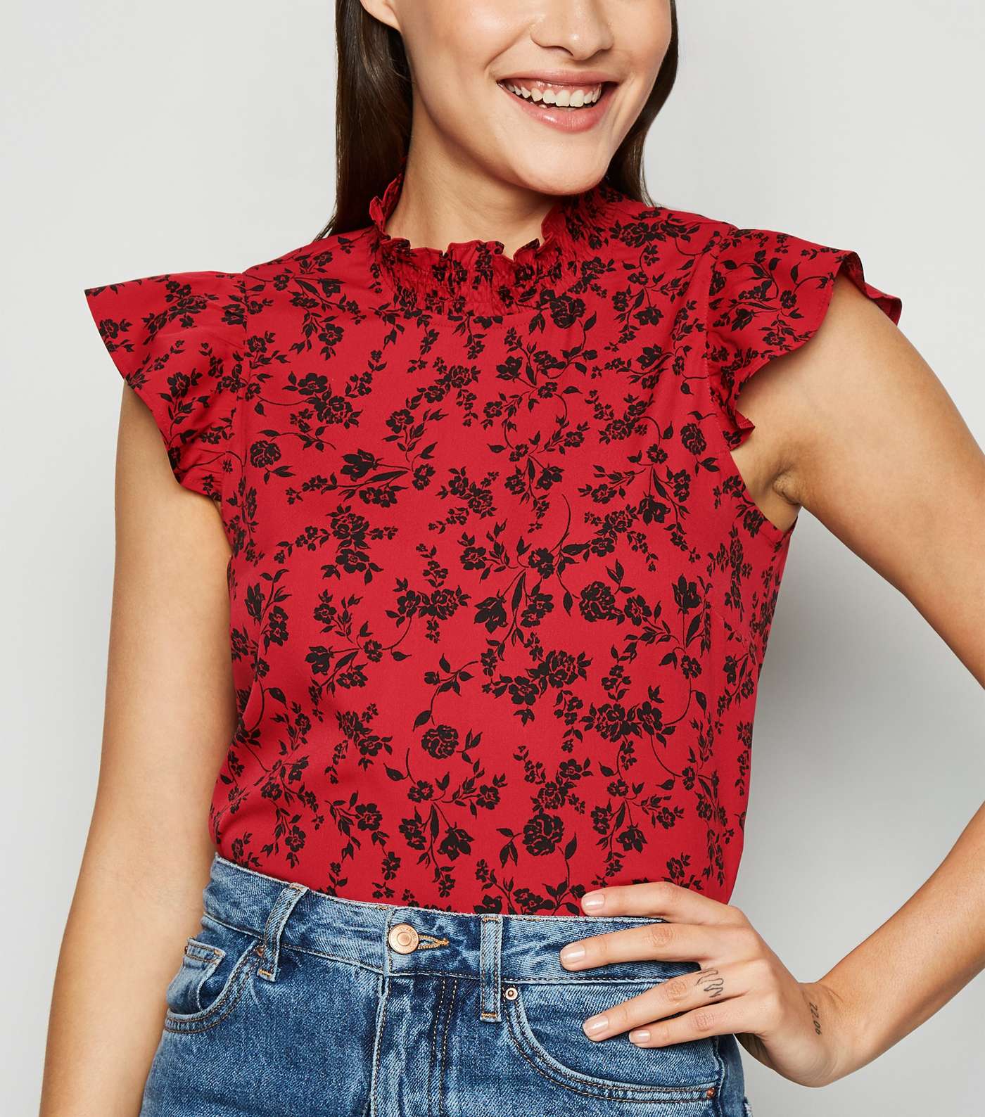 Red Floral Shirred Neck Frill Blouse