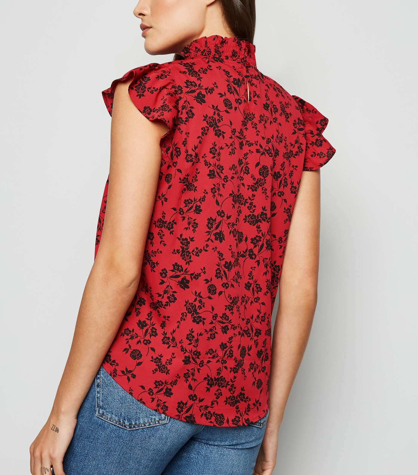 Red Floral Shirred Neck Frill Blouse Image 3