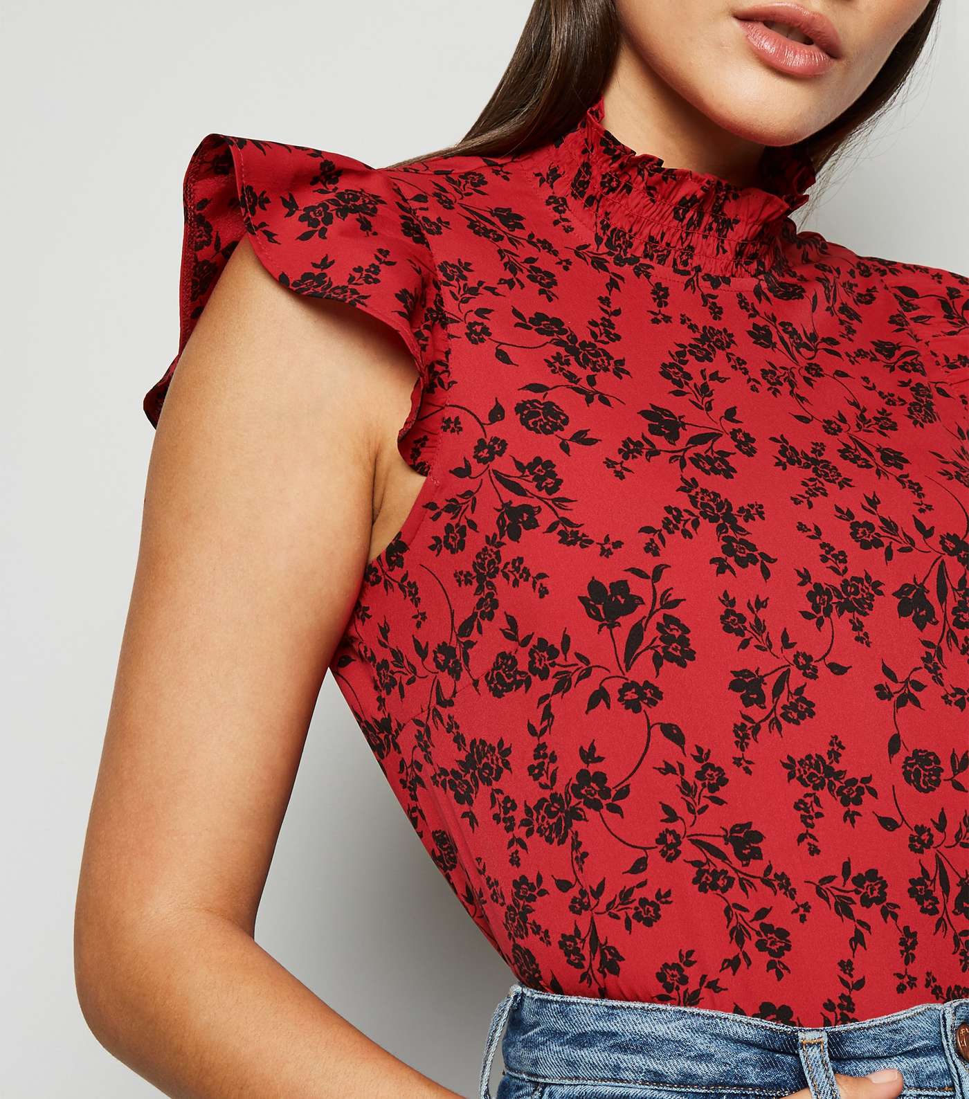 Red Floral Shirred Neck Frill Blouse Image 5