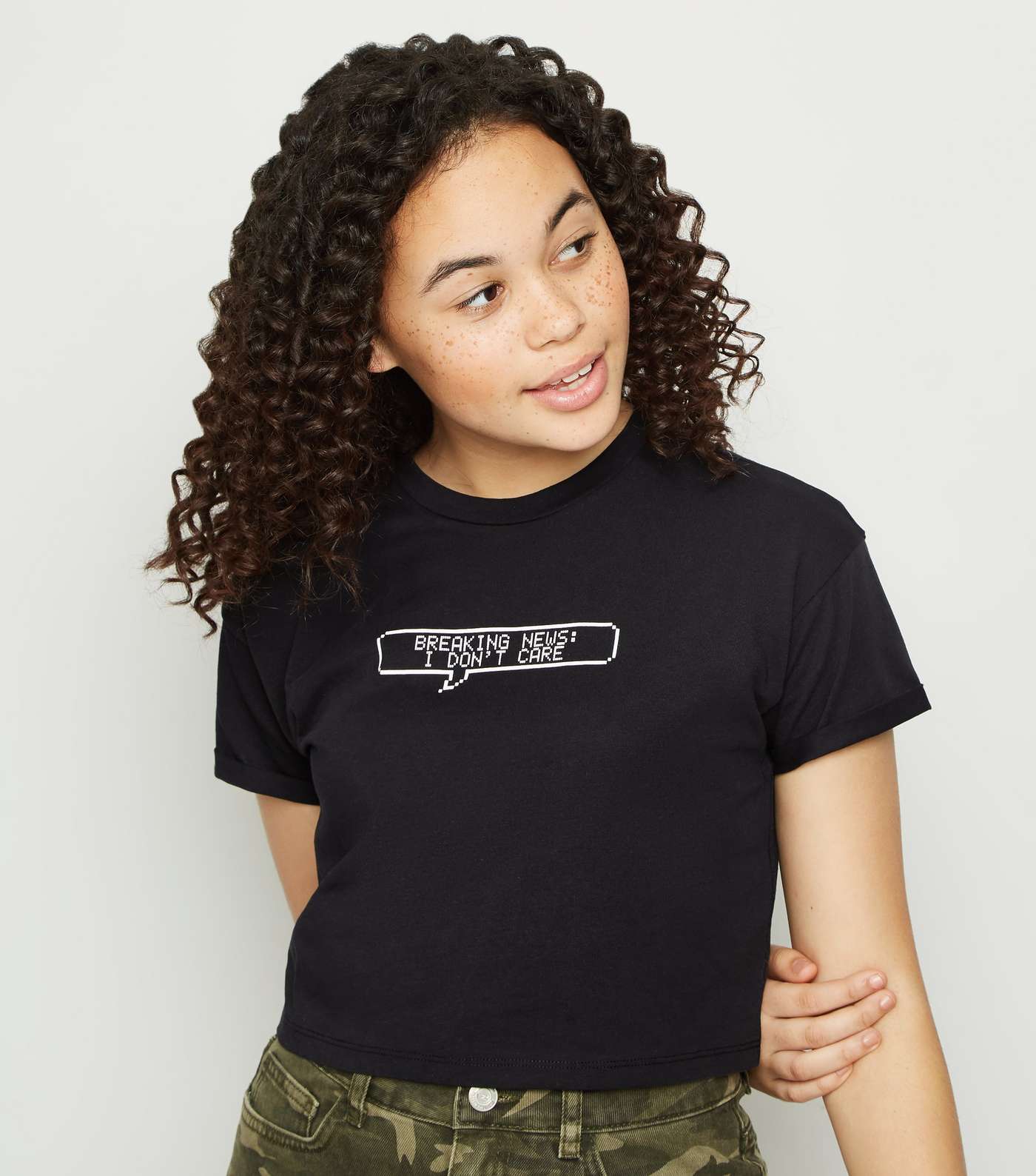 Girls Black Breaking News Slogan T-Shirt