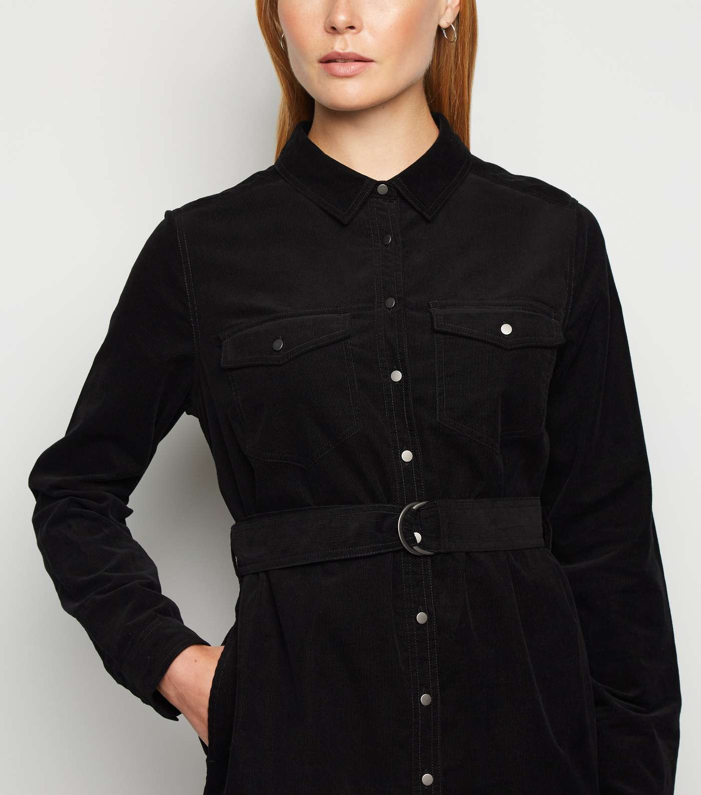 Black Corduroy Belted Shirt Dress Image 5