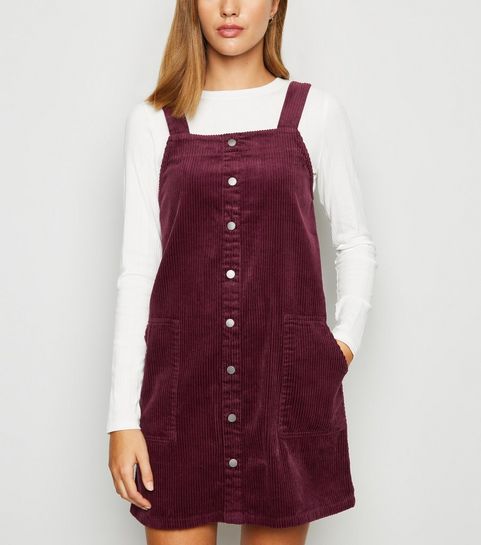 Burgundy Corduroy Button Pinafore Dress