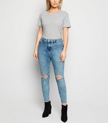 Petite Blue Acid Wash Ripped Super Skinny Jeans | New Look