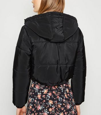 black cropped hooded puffer jacket