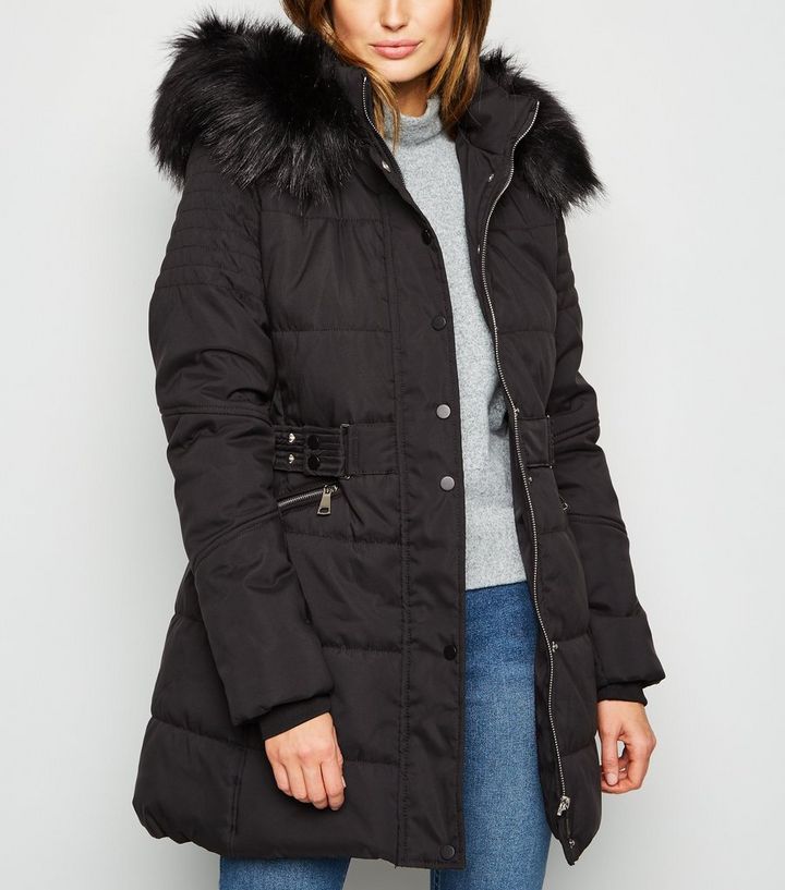 Blue Vanilla Schwarze E Jacke Mit Fake Fur Kapuze New Look Blue Vanilla Schwarze E Jacke, Blue Vanilla Black Faux Fur Hooded Puffer Coat
