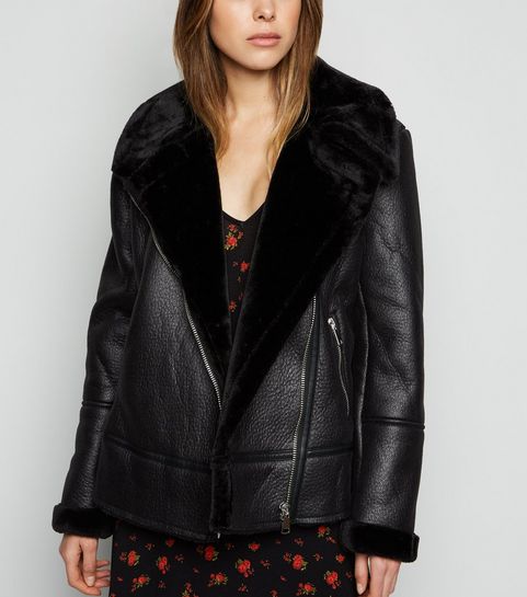 Black Leather-Look Aviator Jacket