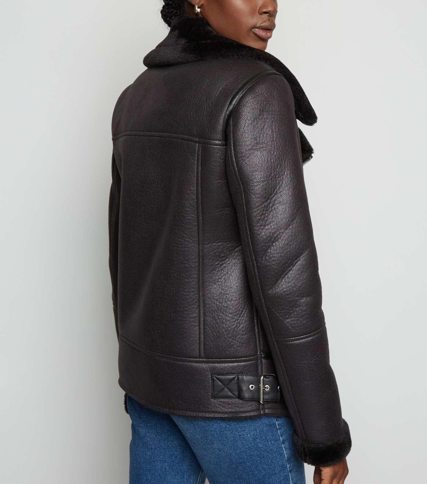Tall Black Leather-Look Aviator Jacket Image 3