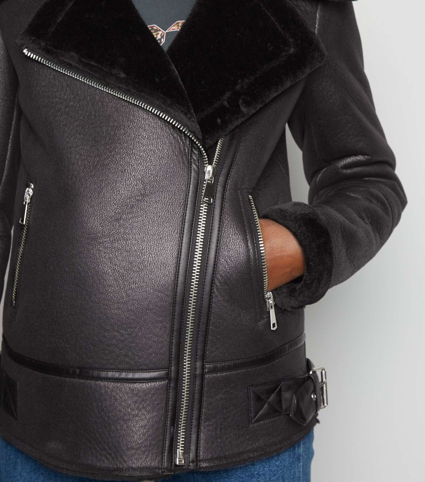 Tall Black Leather-Look Aviator Jacket Image 5