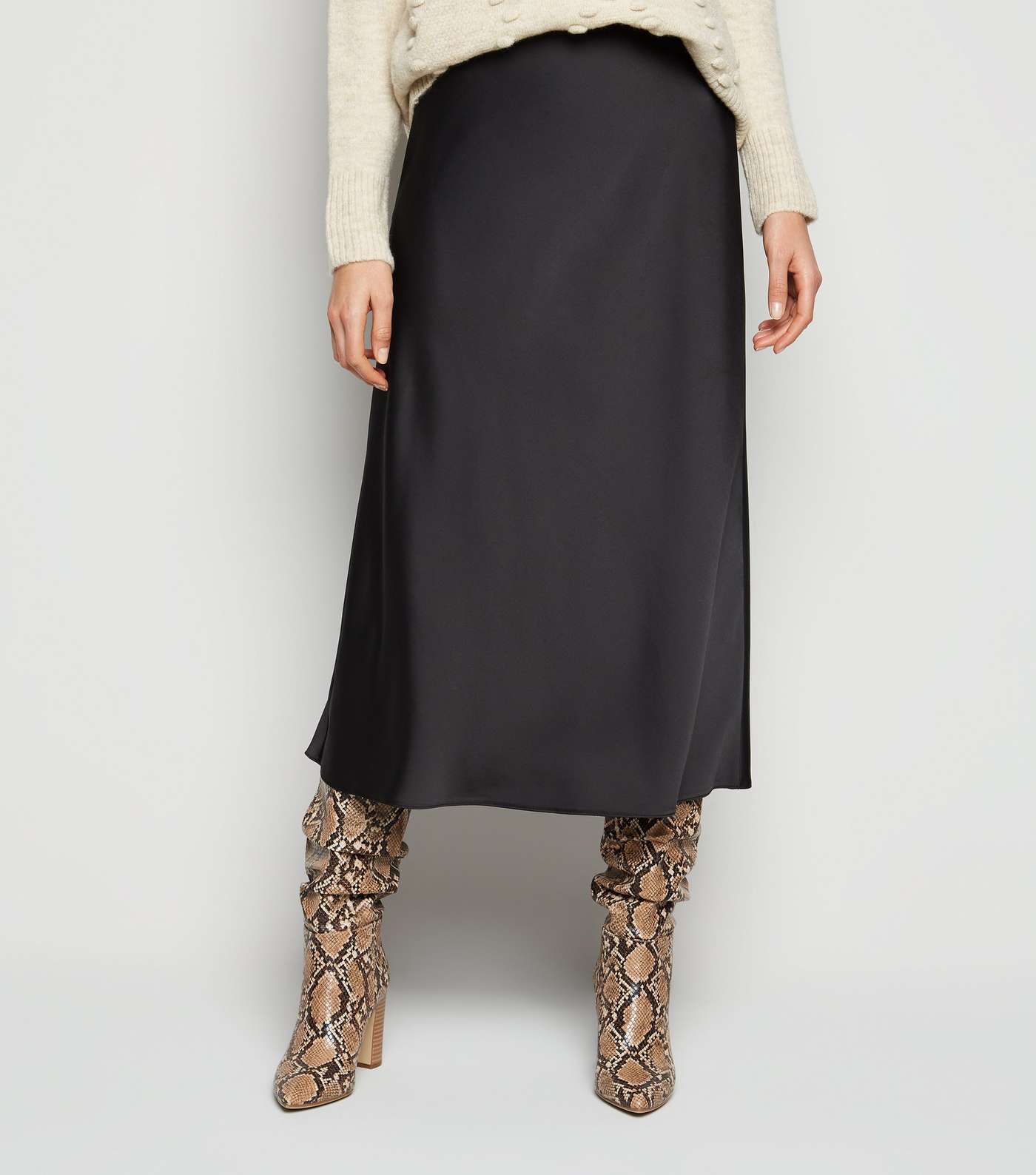 Black Bias Cut Satin Midi Skirt Image 2