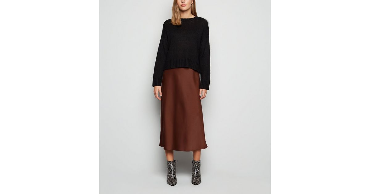 Rust Bias Cut Satin Midi Skirt | New Look