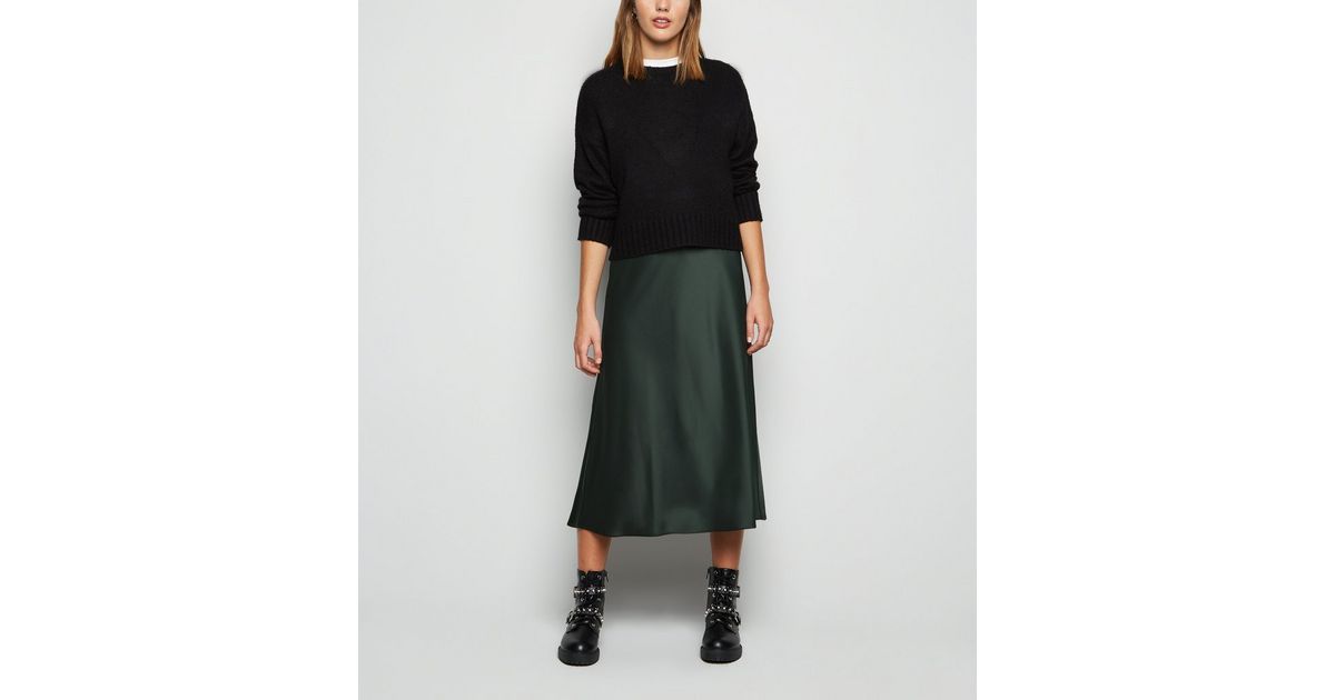 Dark Green Bias Cut Satin Midi Skirt | New Look