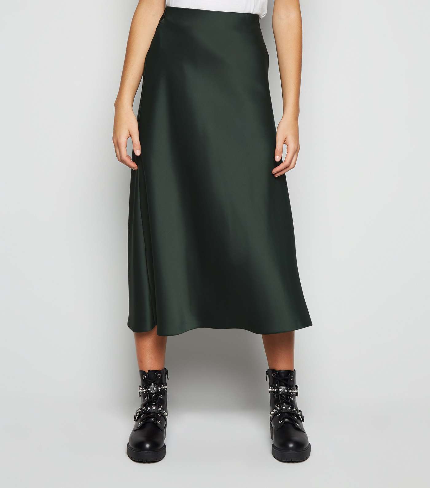 Dark Green Bias Cut Satin Midi Skirt Image 2