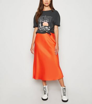 Bright Orange Bias Cut Satin Midi Skirt New Look